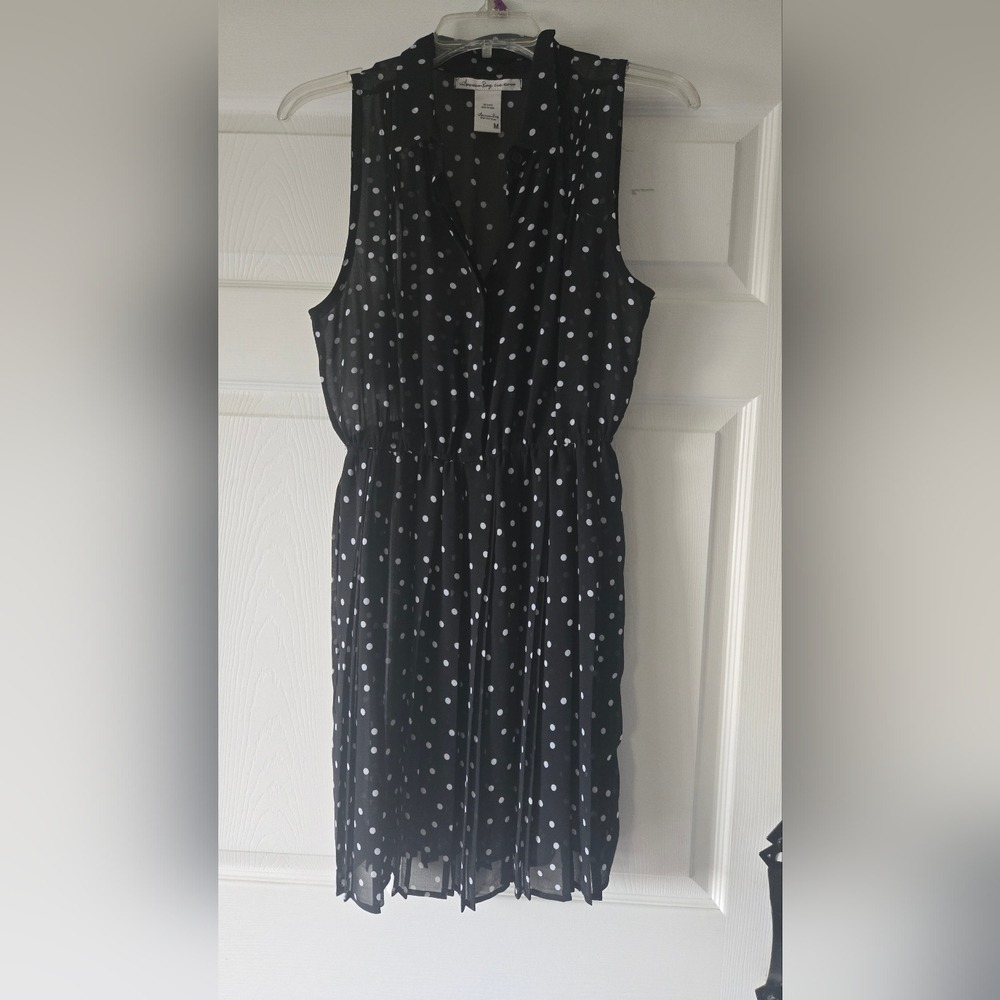 American Rag Cie Womens Black Polka Dot Sleeveless Chiffon Pleated Dress Medium